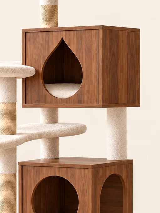 The two stacked wooden box houses