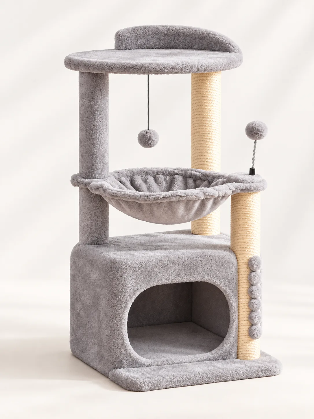 Light-grey cat tree, full view on plain background