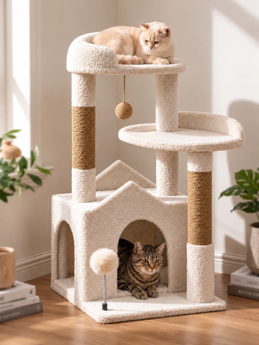 Cream cat tree in a living room, cats on the top bed and in the house