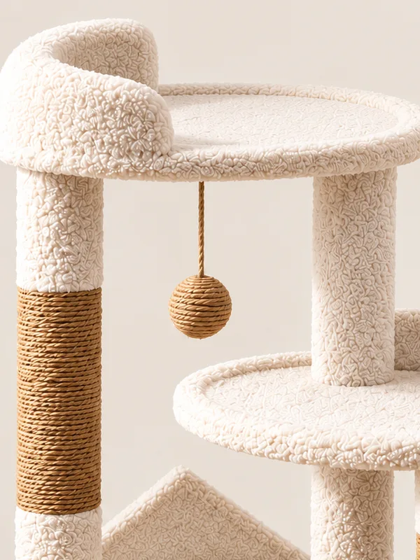 Round back-rest beds and hanging sisal ball