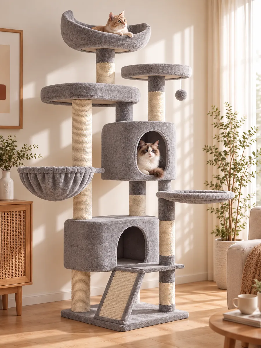 灰色高款猫爬架放在客厅，猫在月牙顶窝和猫屋里