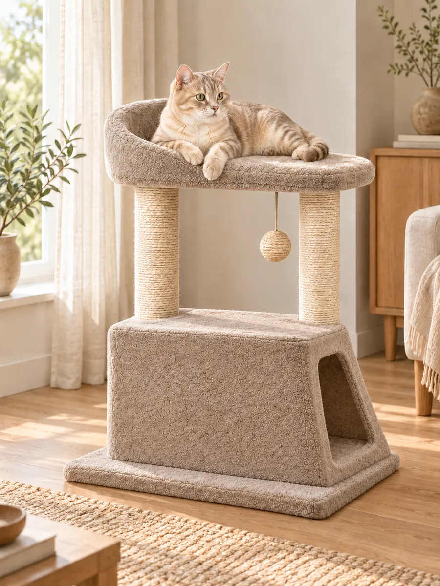 燕麦棕猫爬架放在客厅，猫趴在顶床上