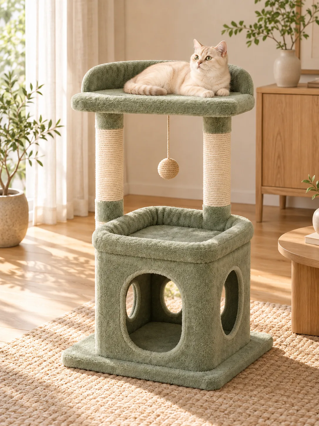 鼠尾草绿猫爬架放在客厅，猫趴在顶床上