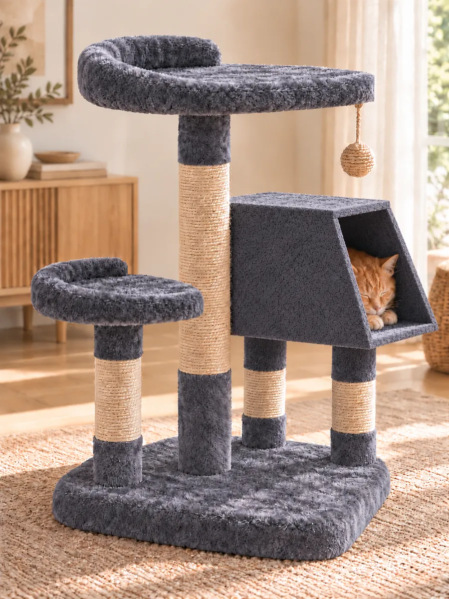 深蓝灰猫爬架放在客厅，猫在梯形猫屋里睡觉