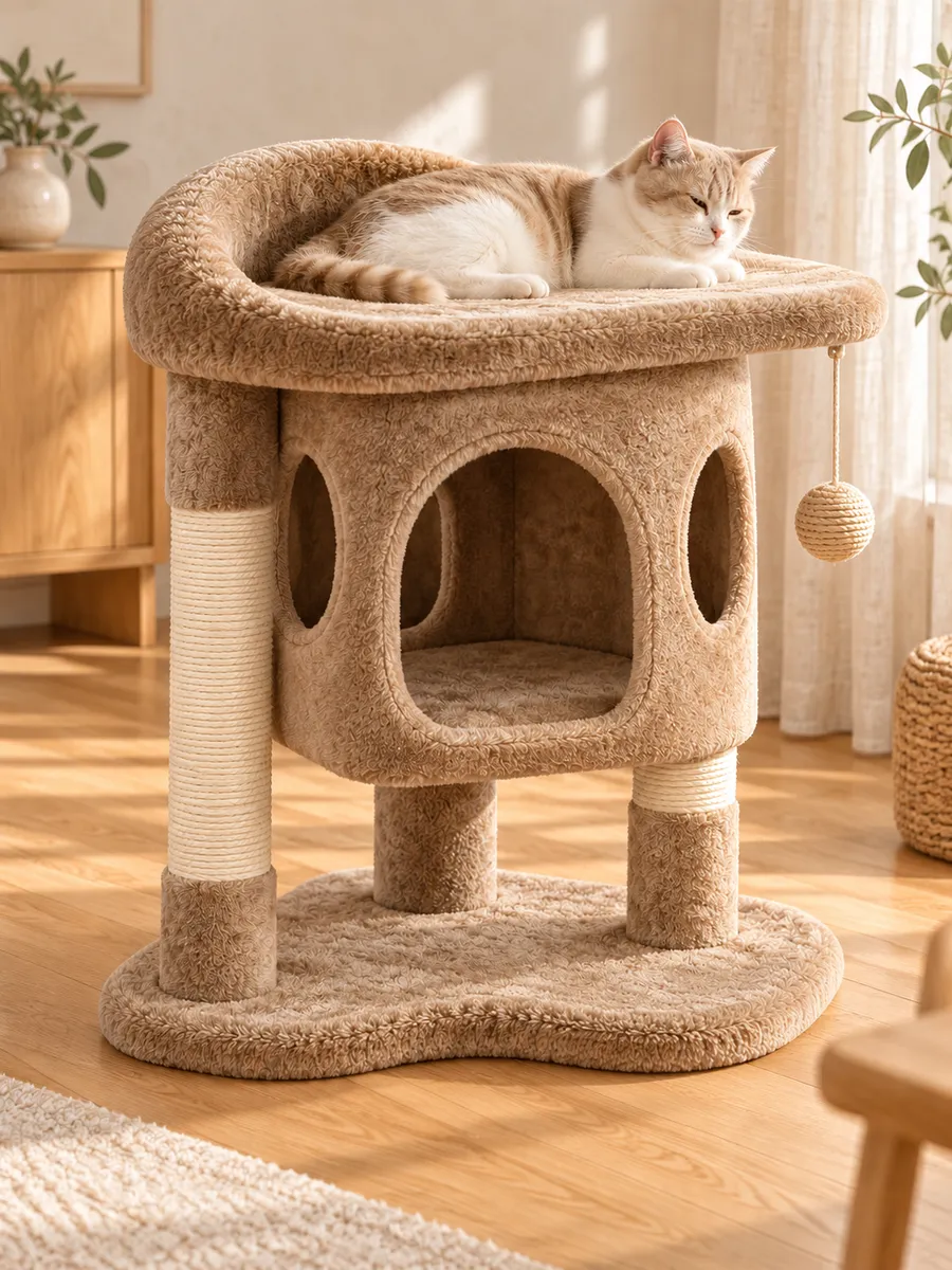 驼色猫爬架放在客厅，猫趴在顶台上